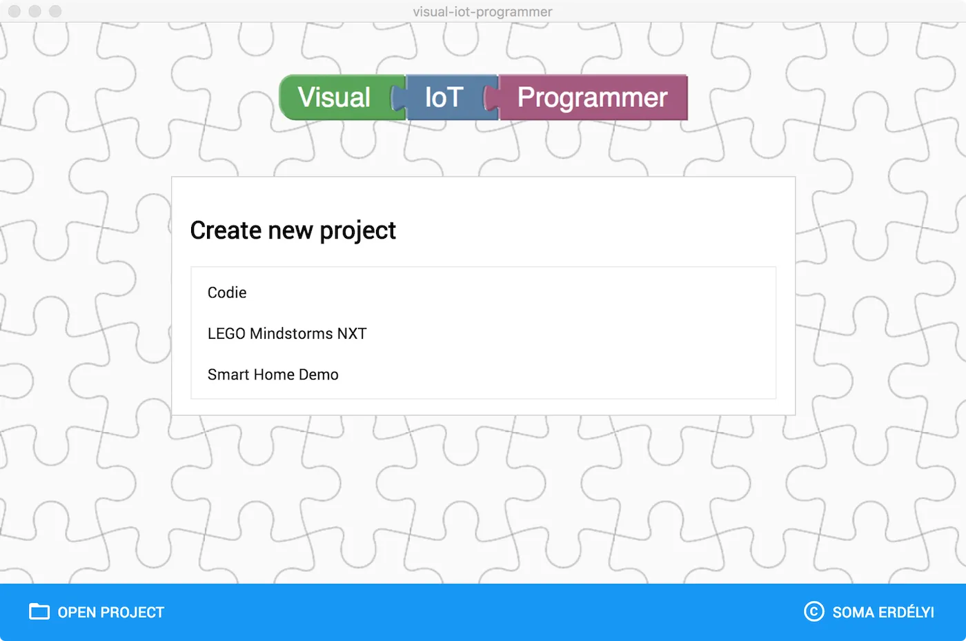 Screenshot of the initial screen where you can create a new project