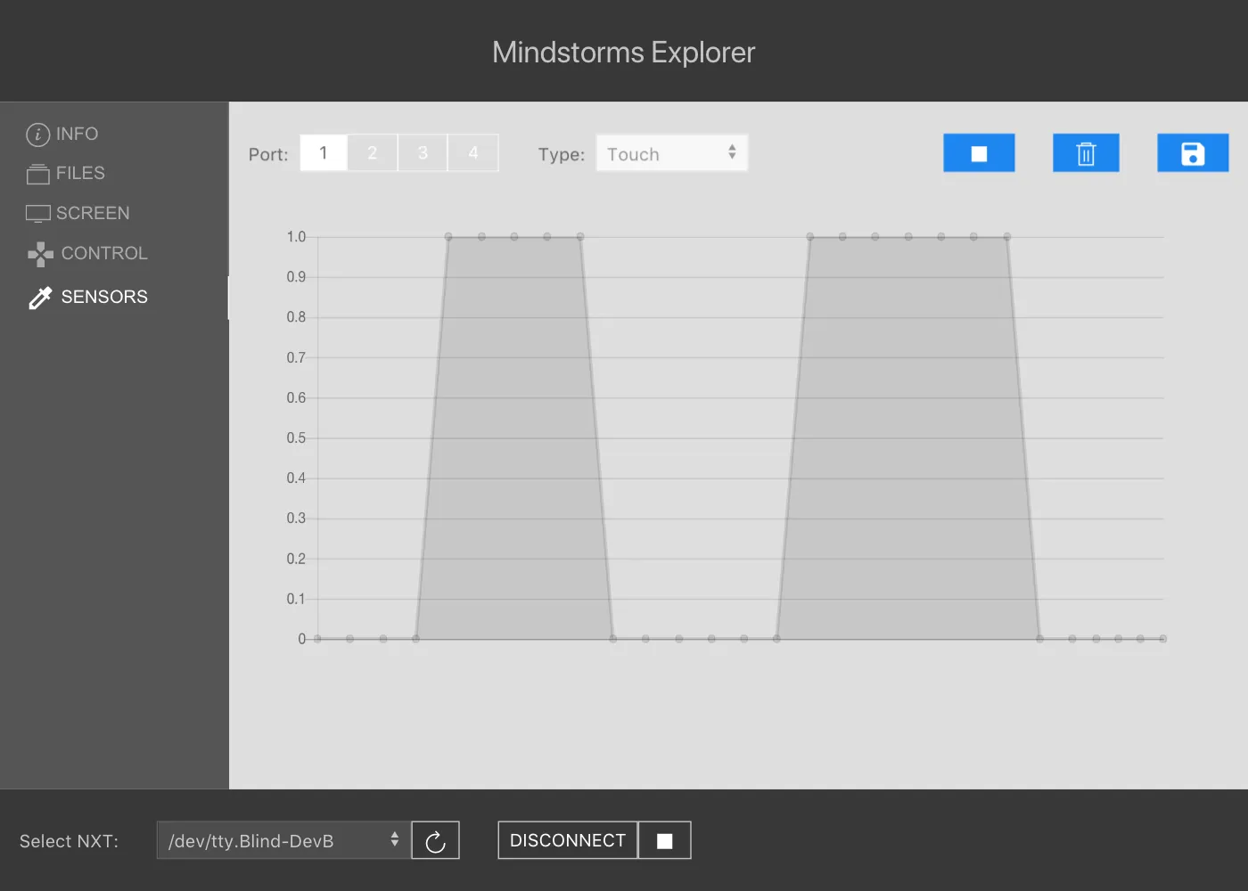 Screenshot of the sensors page showing a histogram of the touch sensor's earlier values