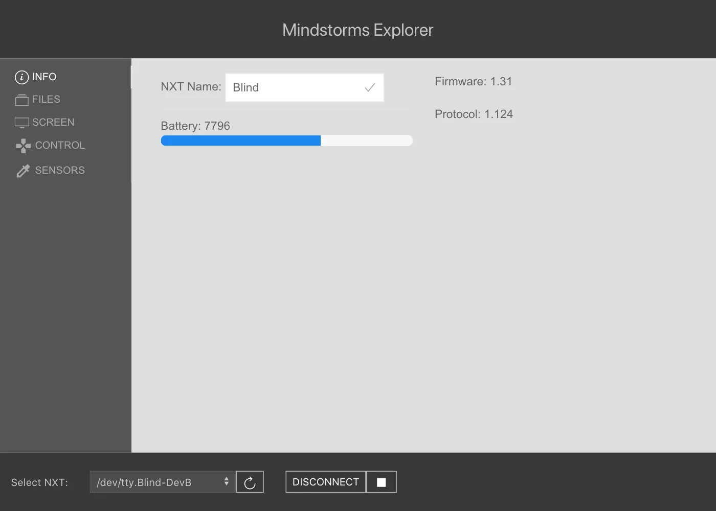 Screenshot of the info page after connecting to an NXT