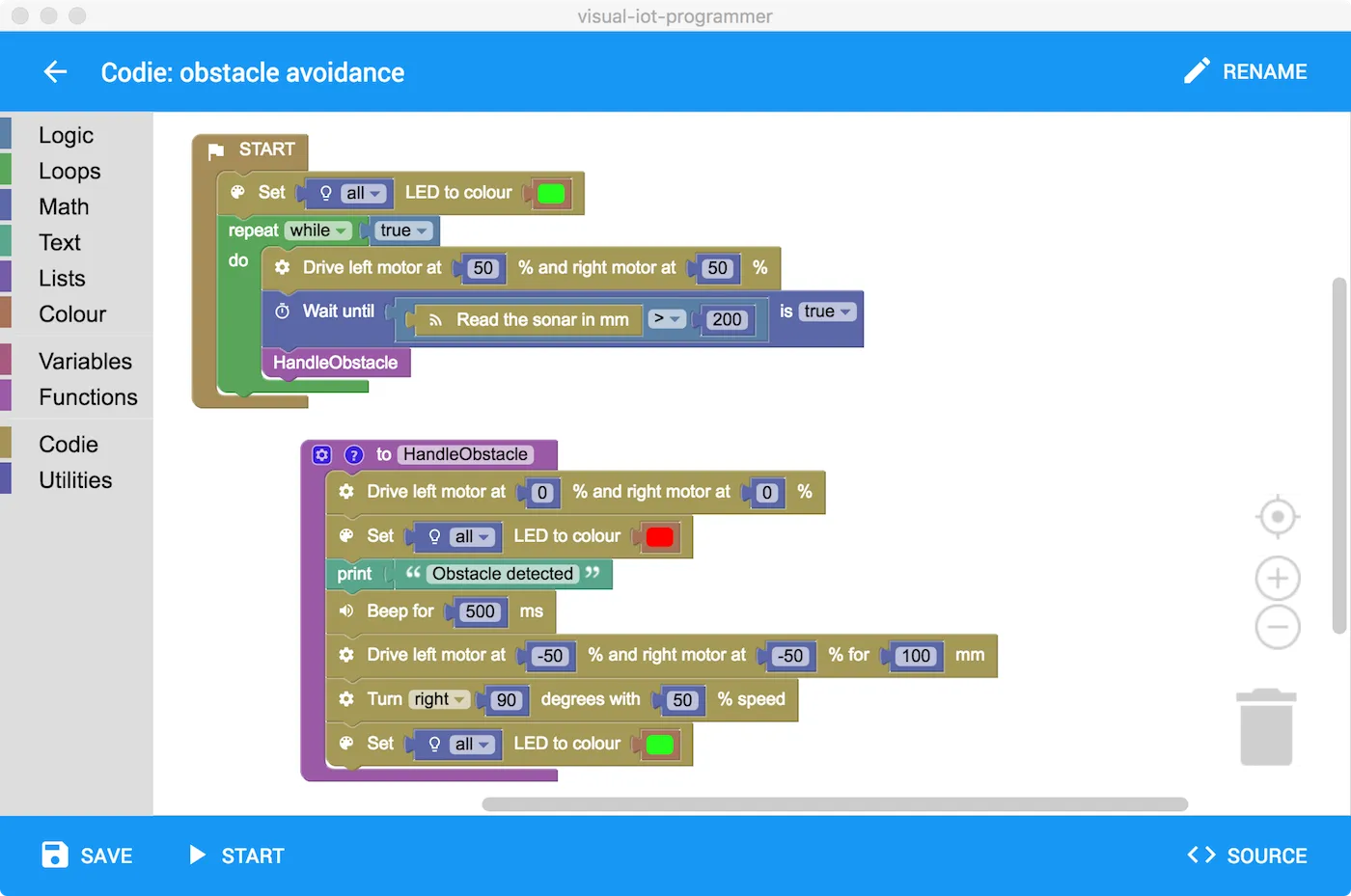 Screenshot of a Codie project showing an obstacle avoidance program