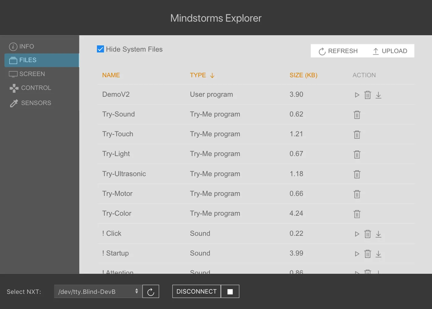 Screenshot of the files page showing files stored on an NXT
