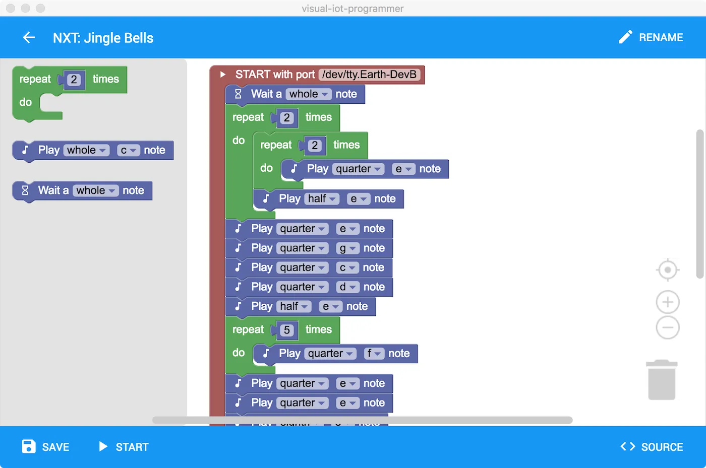 Screenshot of an NXT project showing a program playing the Jingle Bells tune