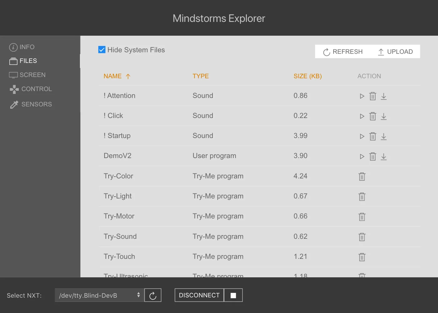 Screenshot of the files page showing files stored on an NXT ordered by name