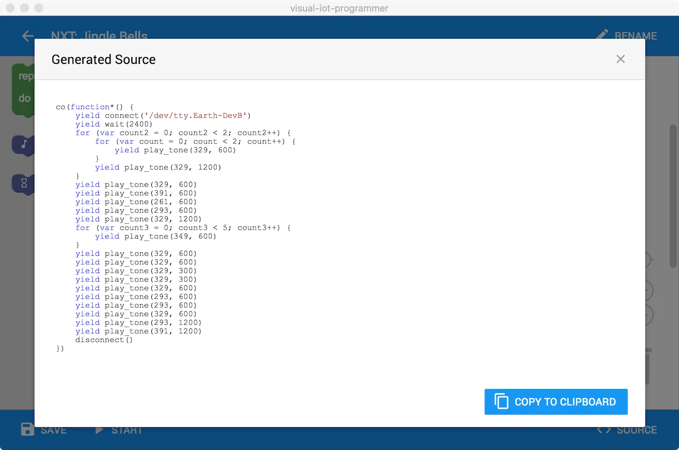 Screenshot of the Jingle Bells NXT project showing the generated source code