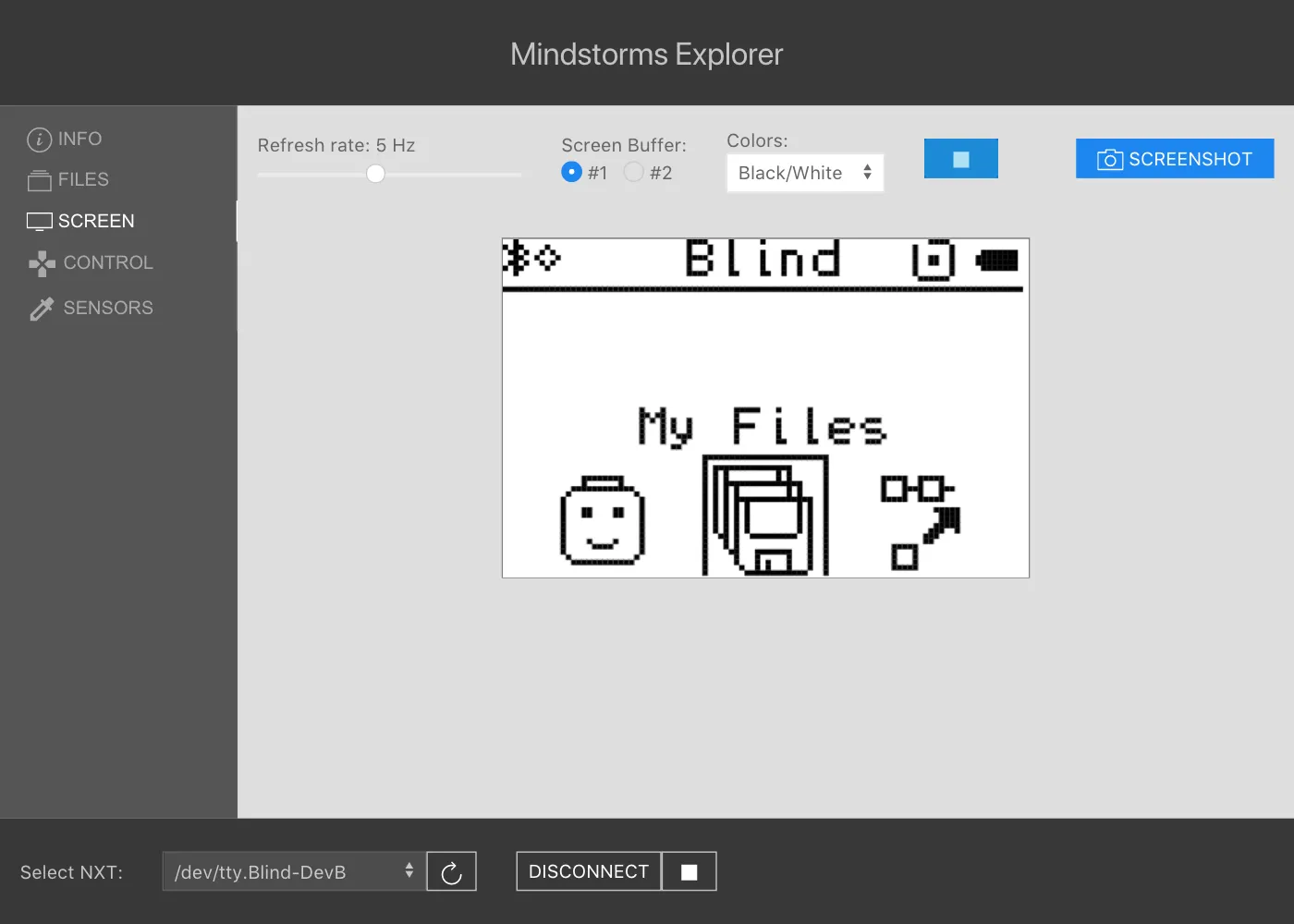 Screenshot of the screen page showing the LCD screen of the connected NXT live