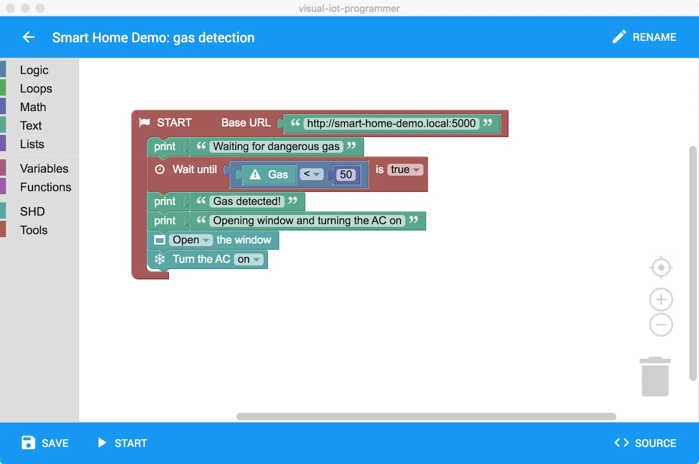 Screenshot of a Smart Home Demo project showing a dangerous gas detection program
