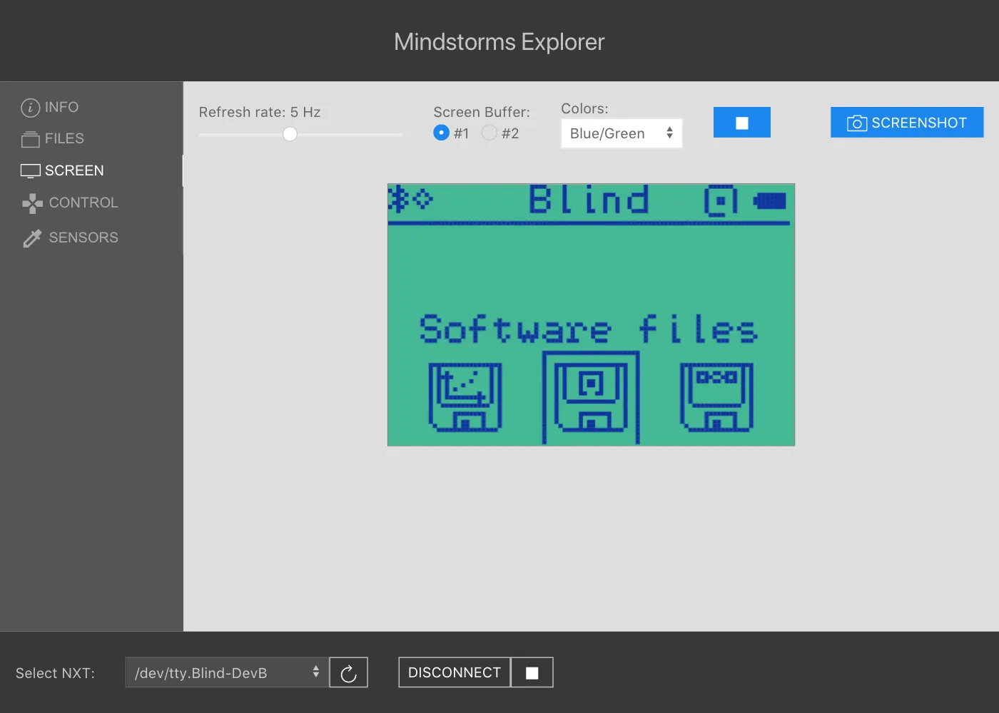 Screenshot of the screen page showing the LCD screen of the connected NXT live, with a blue and green color scheme