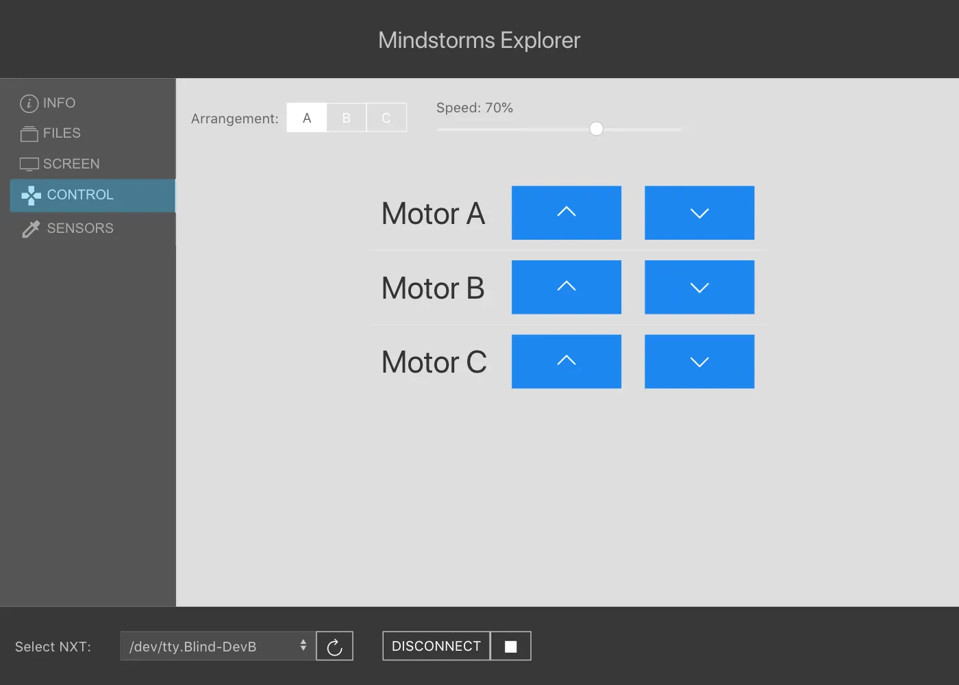 Screenshot of the control page showing up and down buttons to control the three motors of the connected NXT