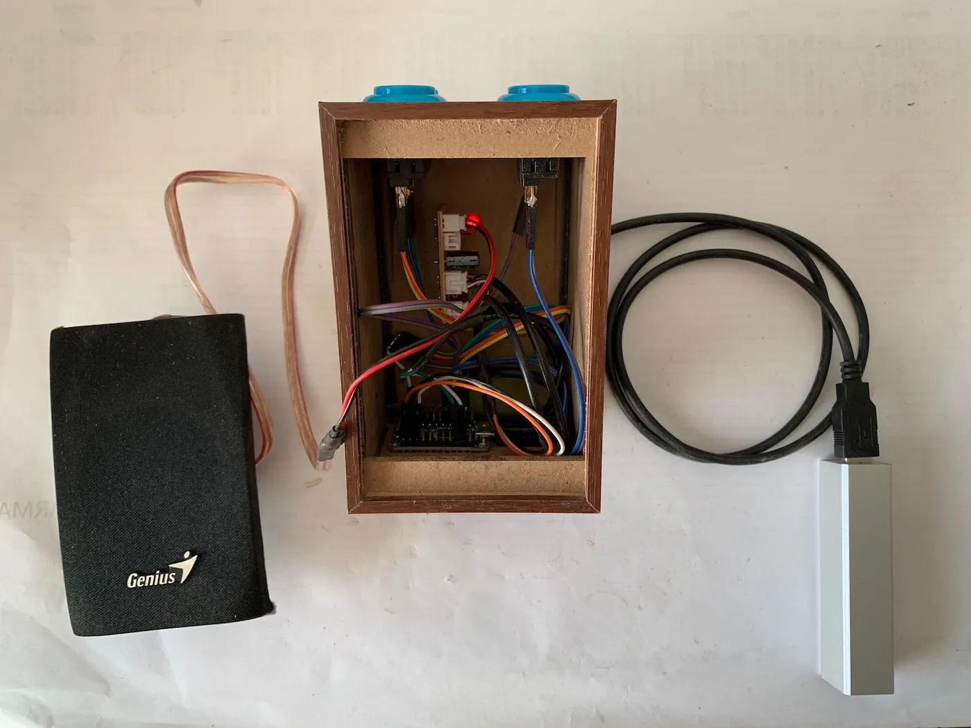 Components during the build, another angle showing everything inside the speaker's box, being powered by a small power bank