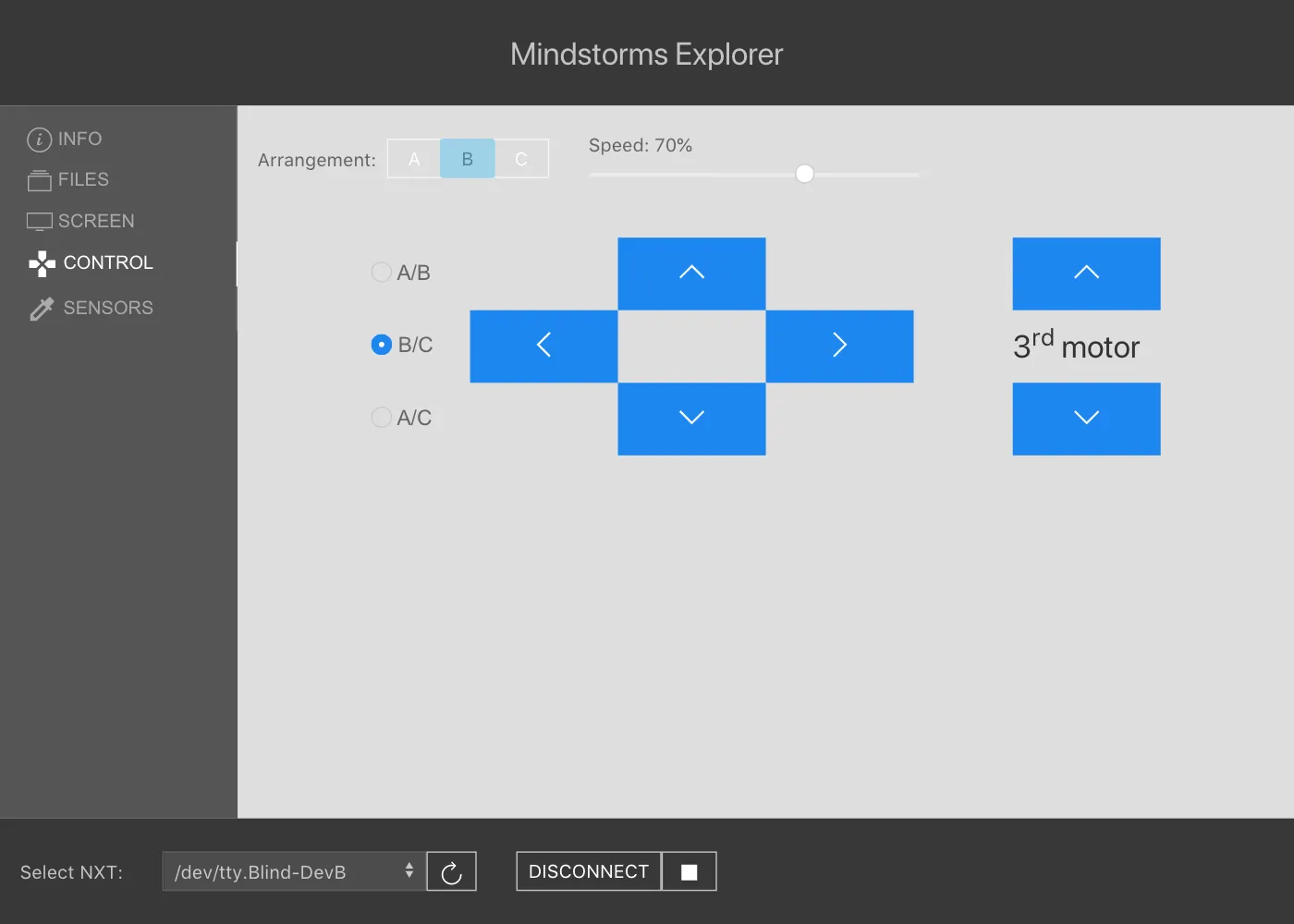 Screenshot of the control page showing four directional arrows and up-down arrows for the third motor to control the connected NXT