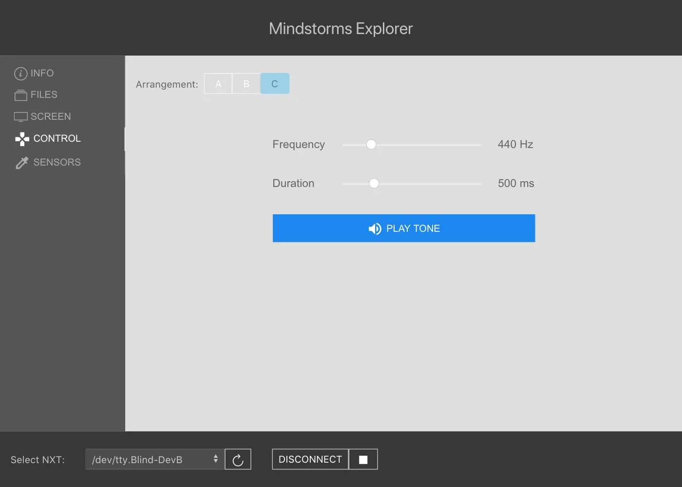 Screenshot of the control page showing frequency and duration sliders to beep with the connected NXT's speaker