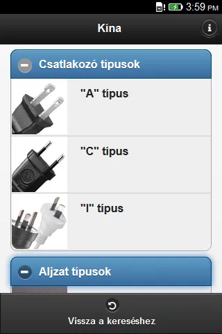 Mains voltage, frequency and plug types of the selected country