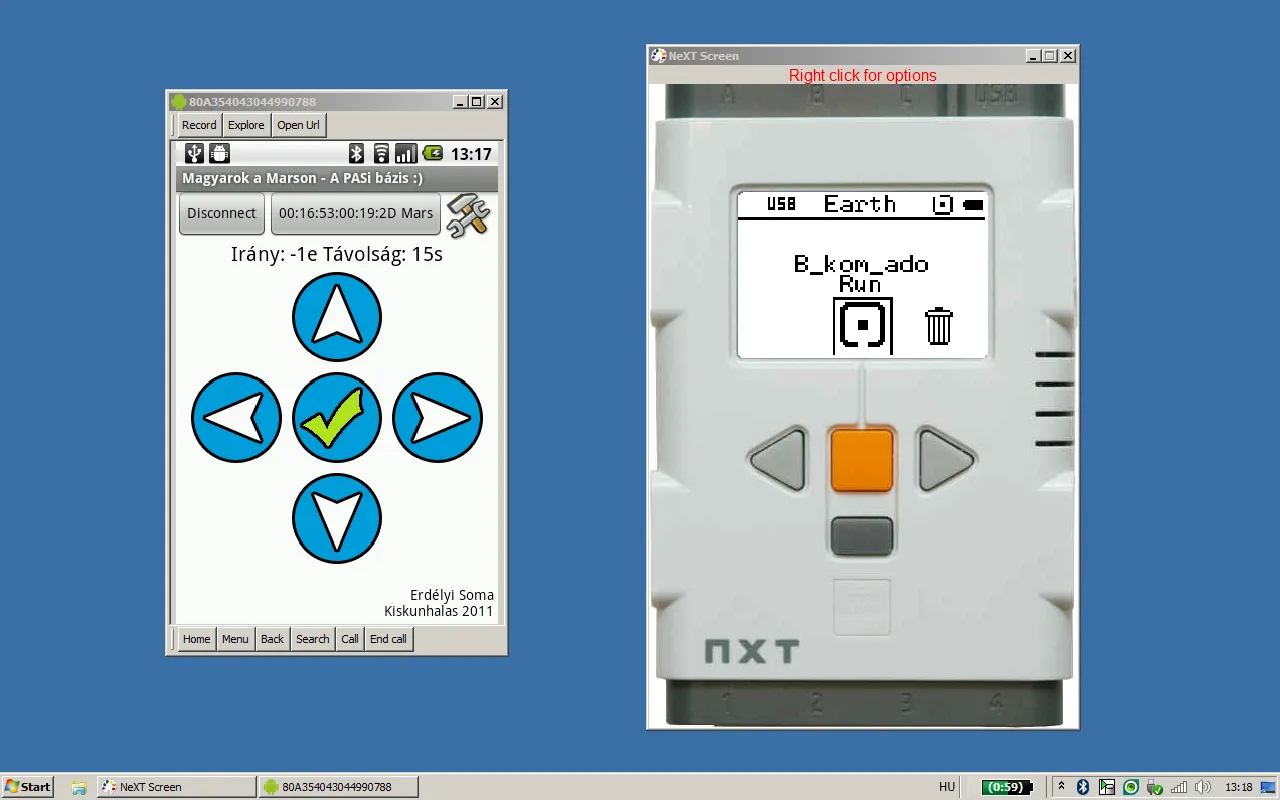 The ground station app in the Android emulator next to a live view of the NXT's screen