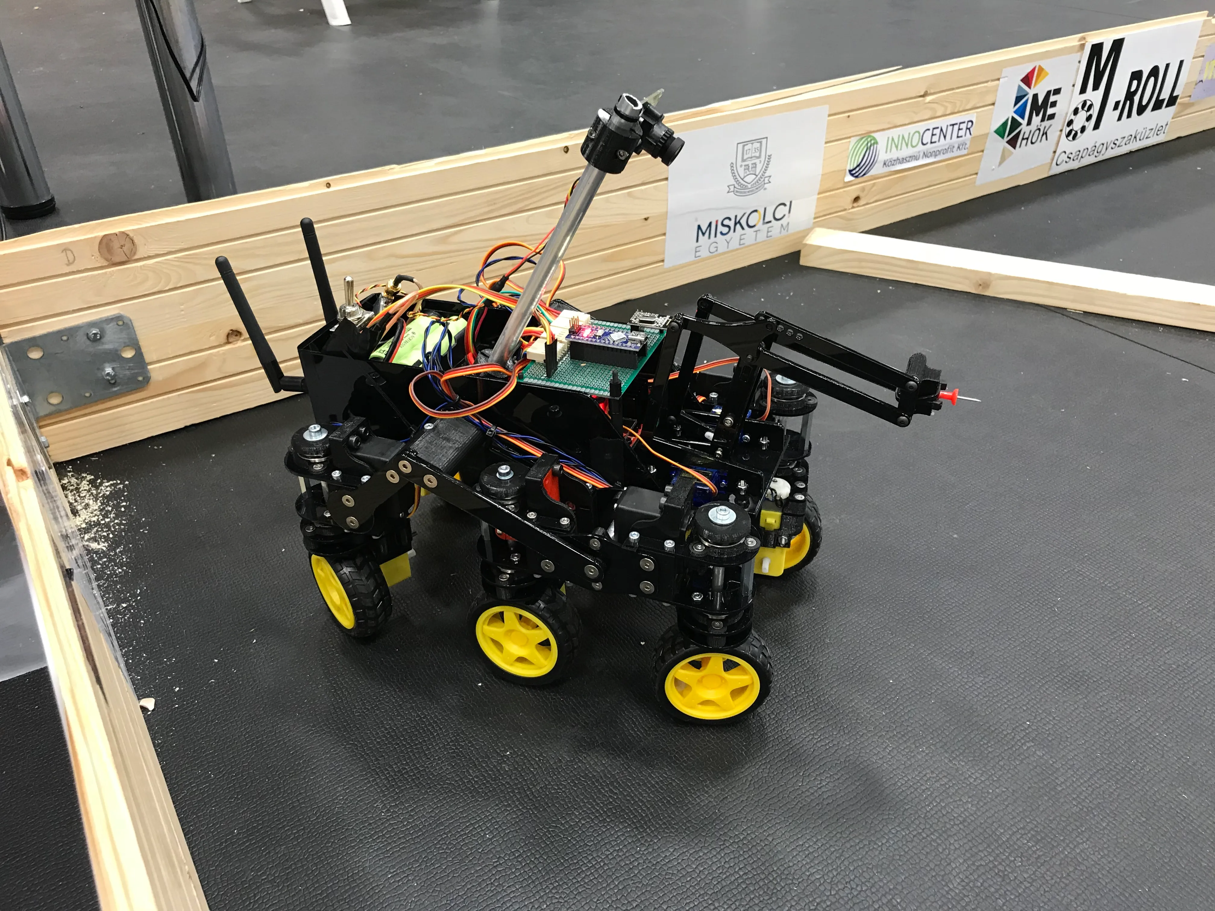 Balloon-popping 6-wheeler Mars rover built from laser cut and 3D printed components for the 2018 Hungarians on Mars robot competition