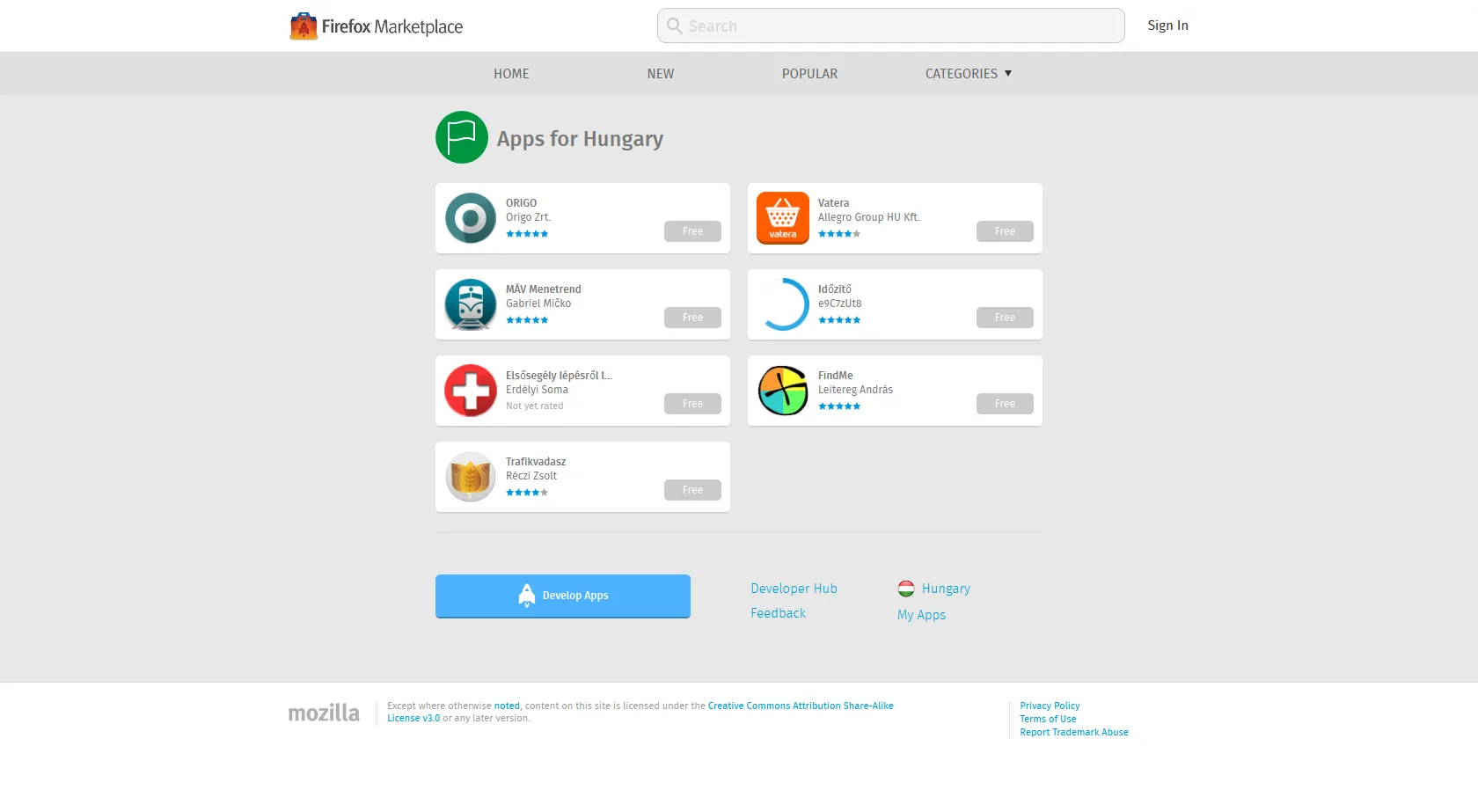 The Apps for Hungary collection on the Firefox Marketplace