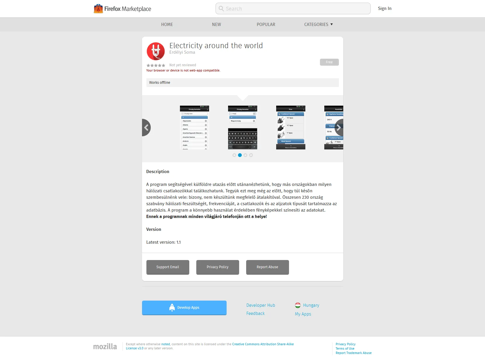 The plug finder app's listing on the Firefox Marketplace
