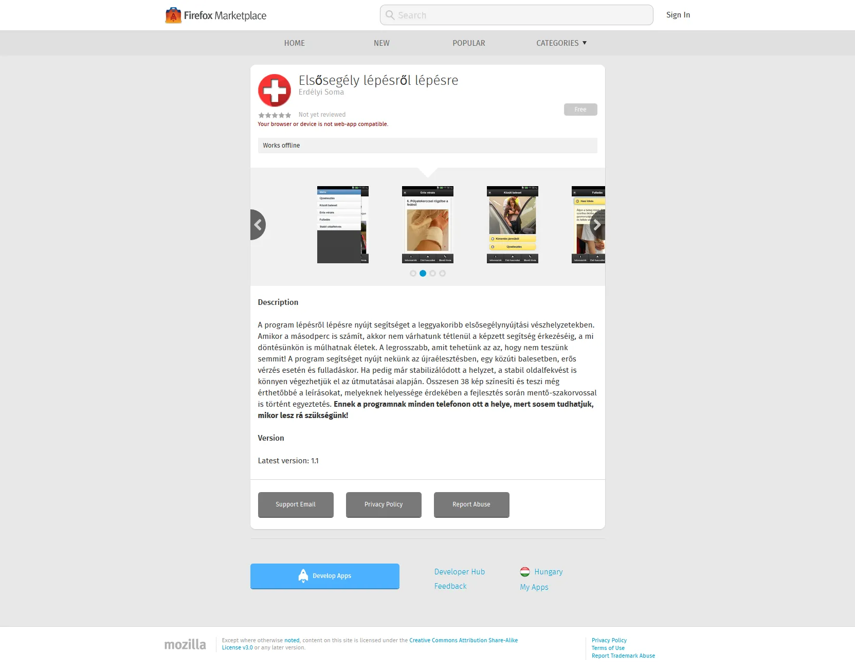 The first aid guide's listing on the Firefox Marketplace
