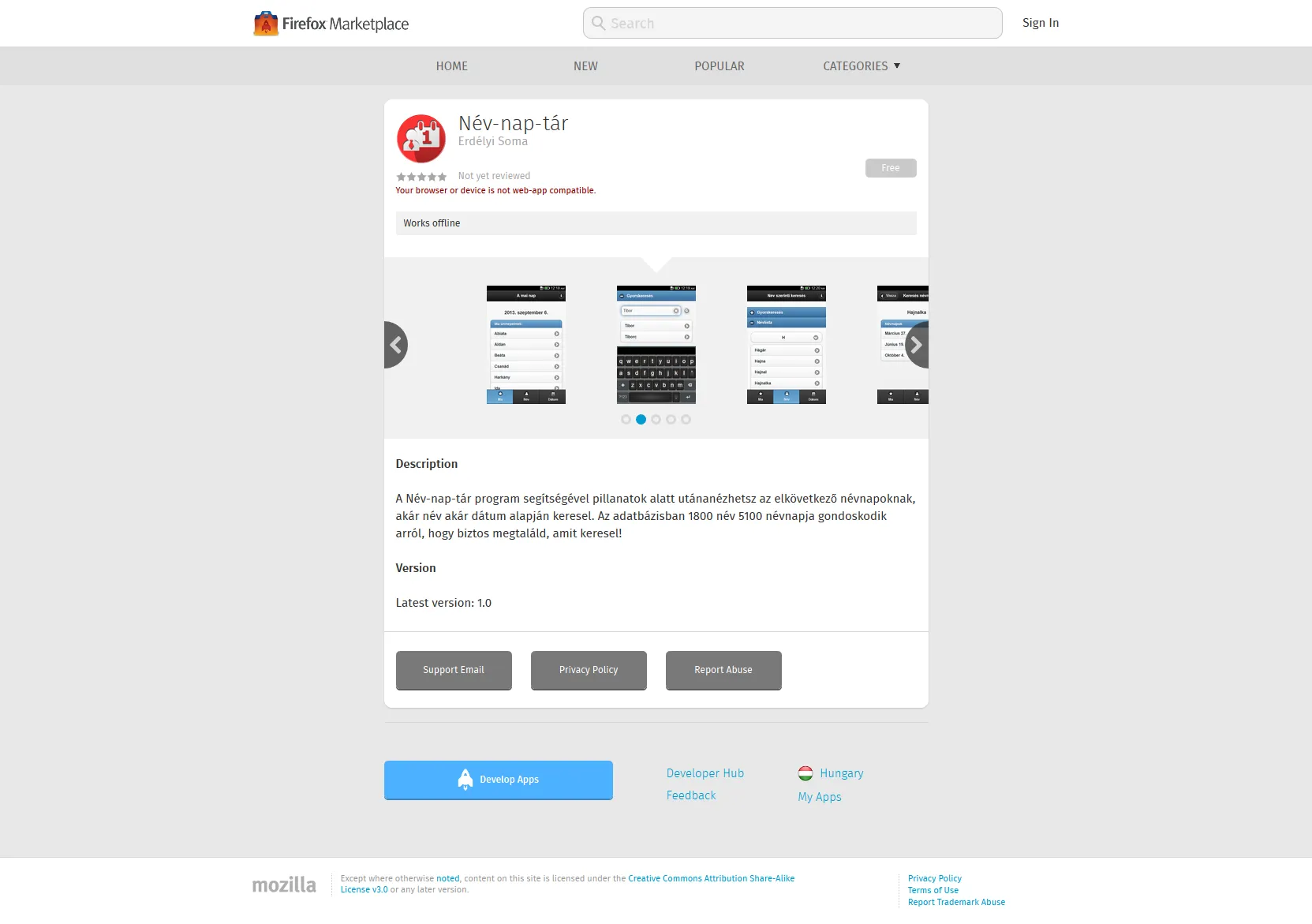 The name day calendar's listing on the Firefox Marketplace