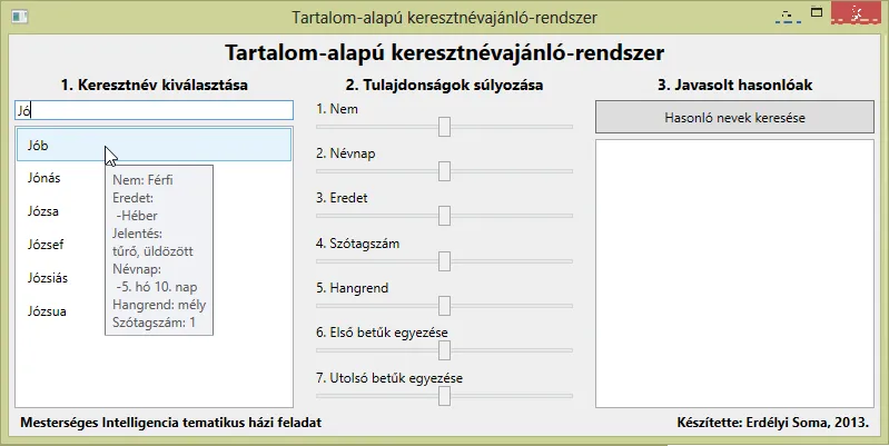 Filtering the name list, with a name's details shown in a tooltip