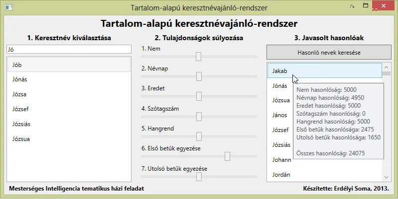The ranked list of similar names, with the algorithm's partial scores shown in a tooltip