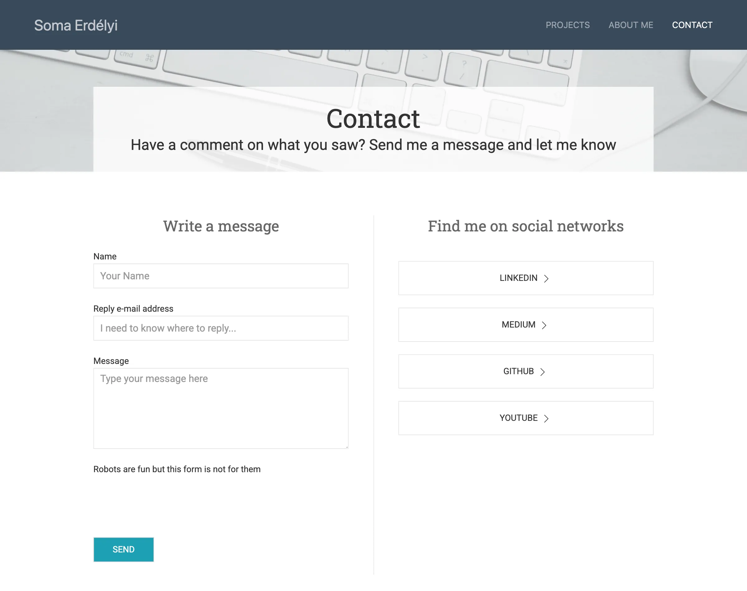 Contact page with a message form and social links