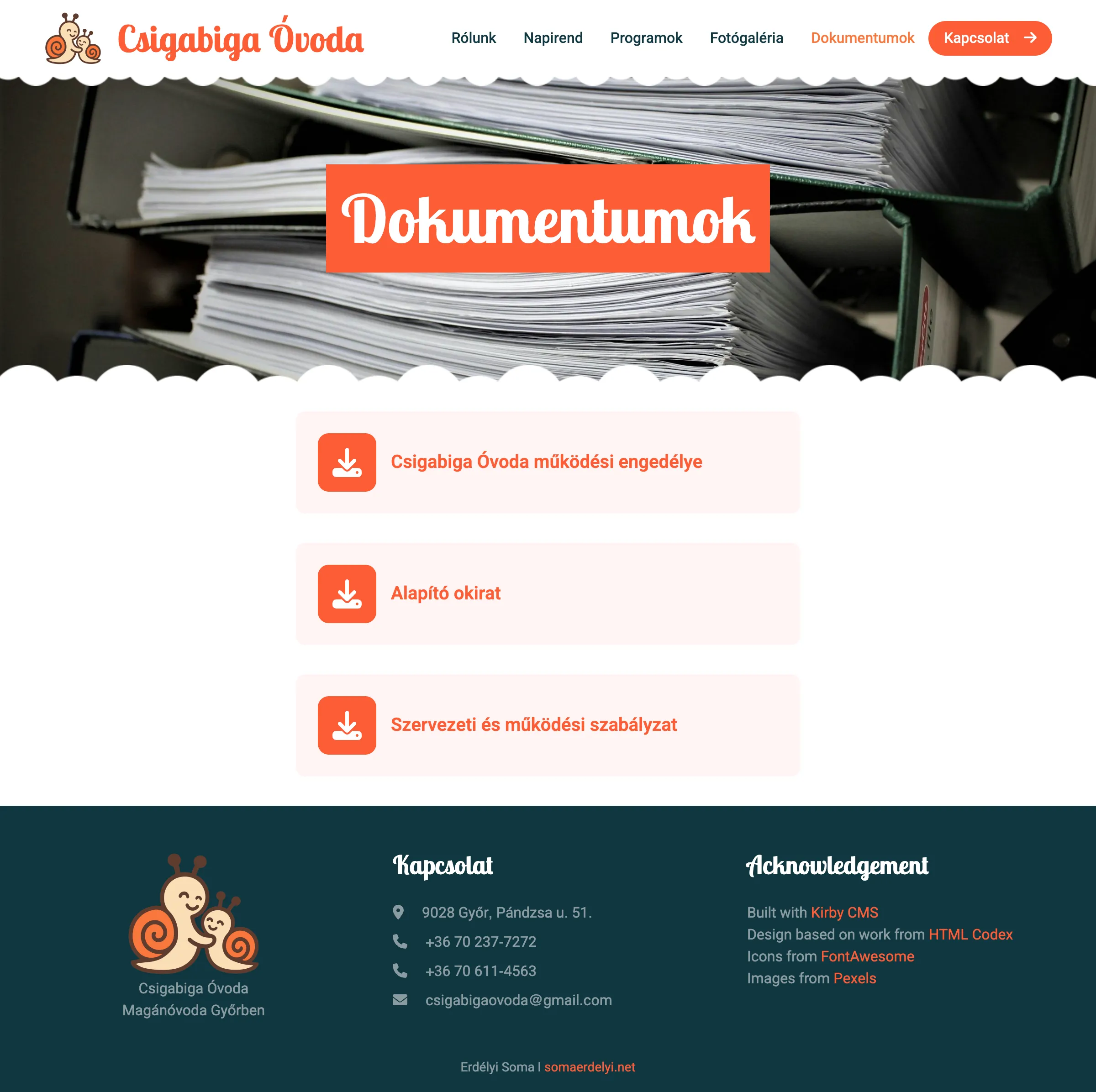 Documents page with downloadable official documents