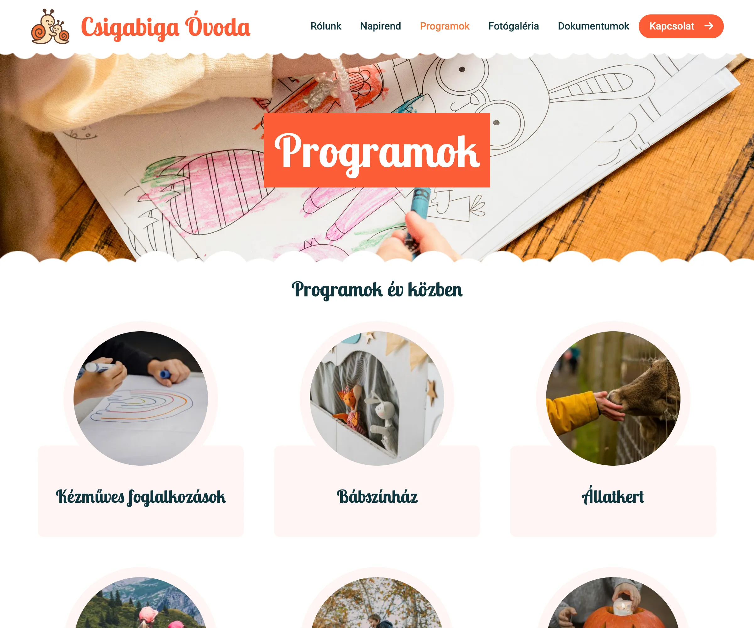 Programs page with the activities organised during the year