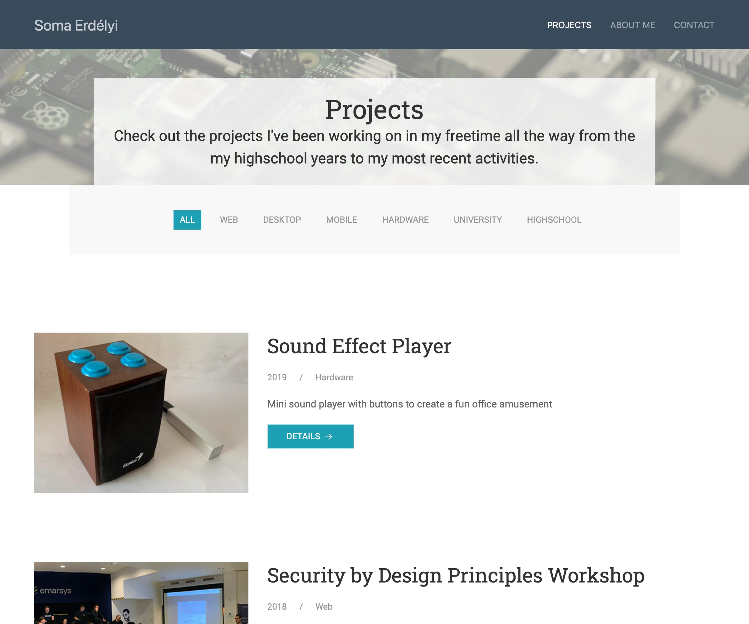 Project list page with category filters