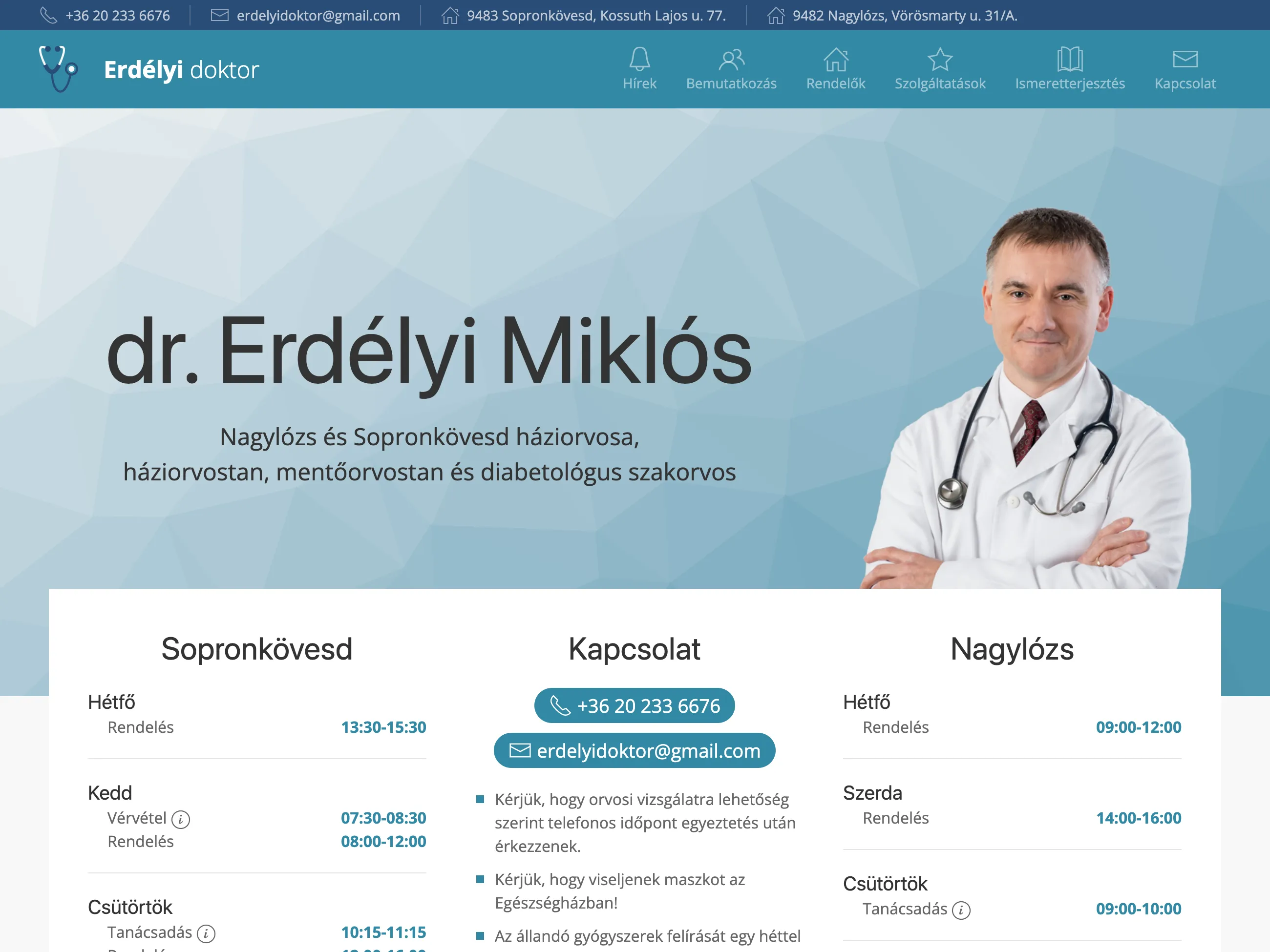 Welcome page with contact information and consulting hours of both offices