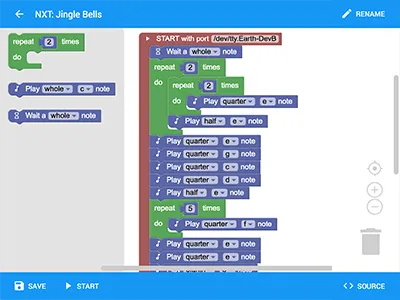 Application with a graphical programming interface to assemble and run simple programs for various IoT devices