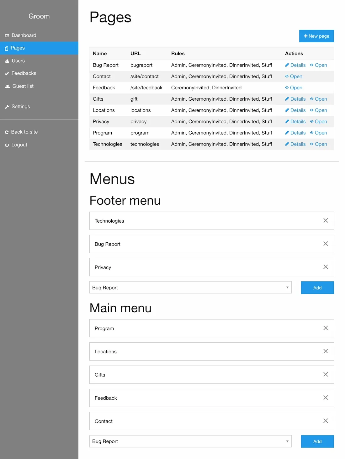 Admin site page and menu list
