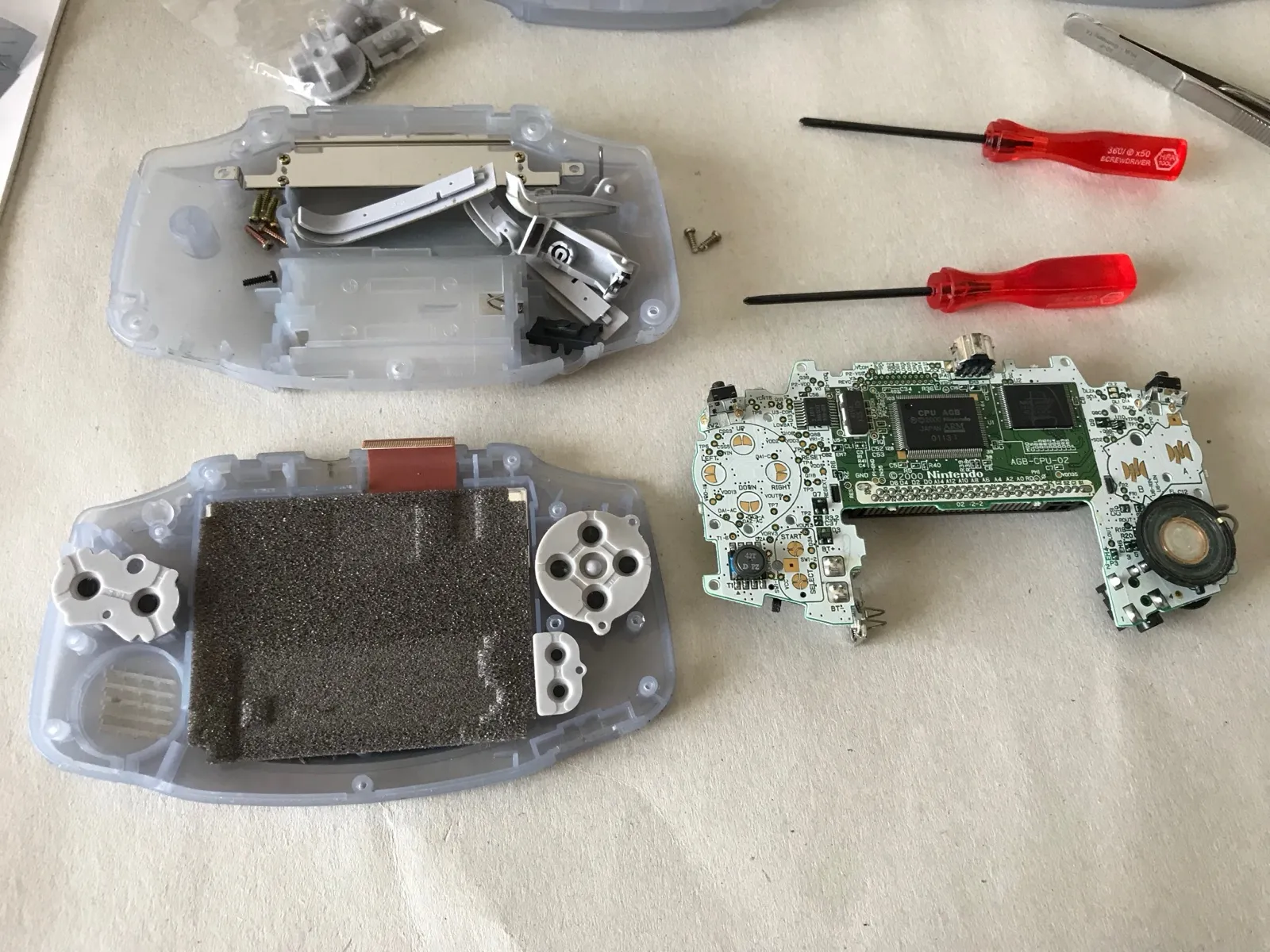 The Game Boy Advance taken apart down to the motherboard