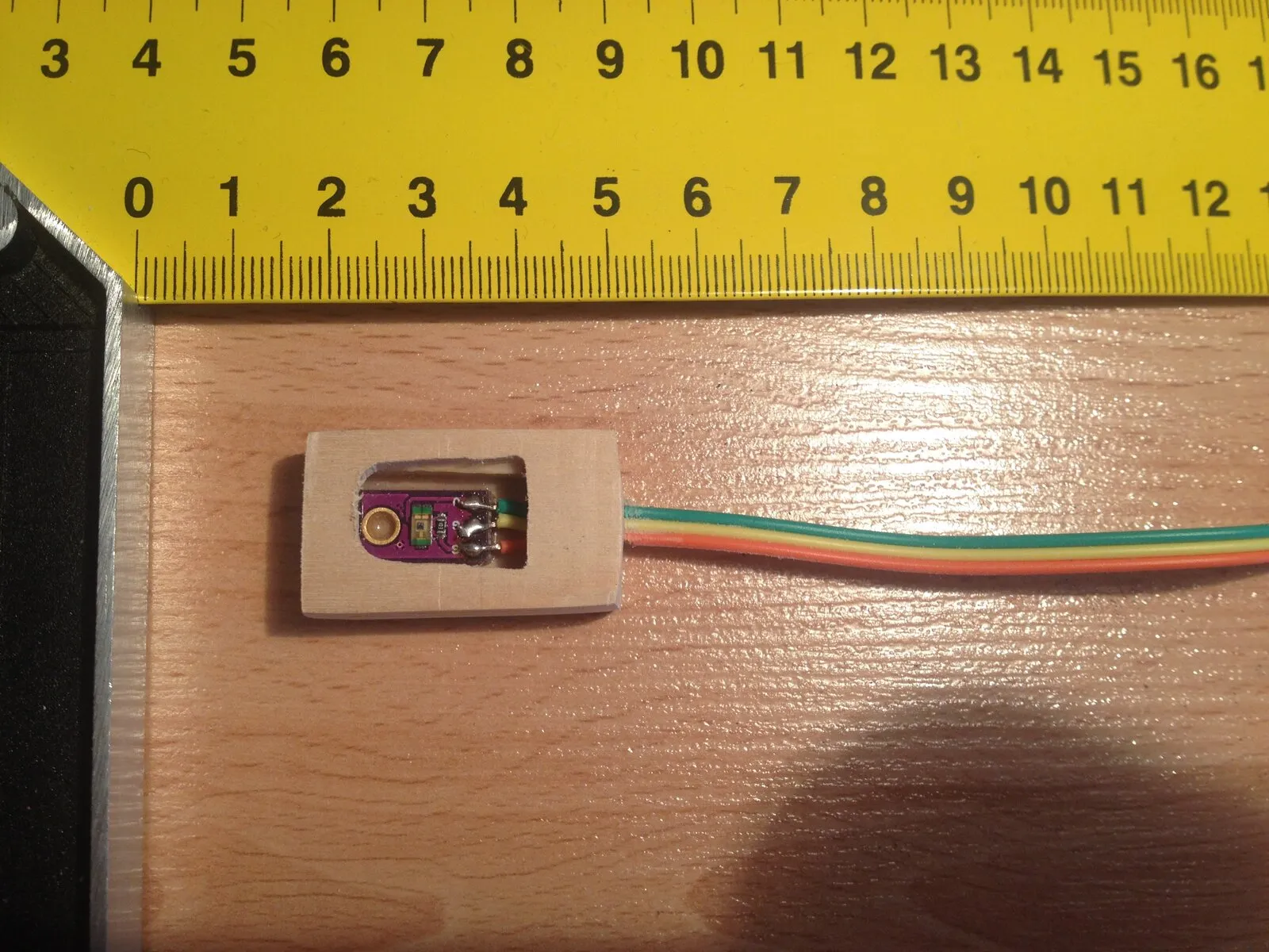 The light sensor soldered up and fitted in its enclosure, only a couple of centimetres wide