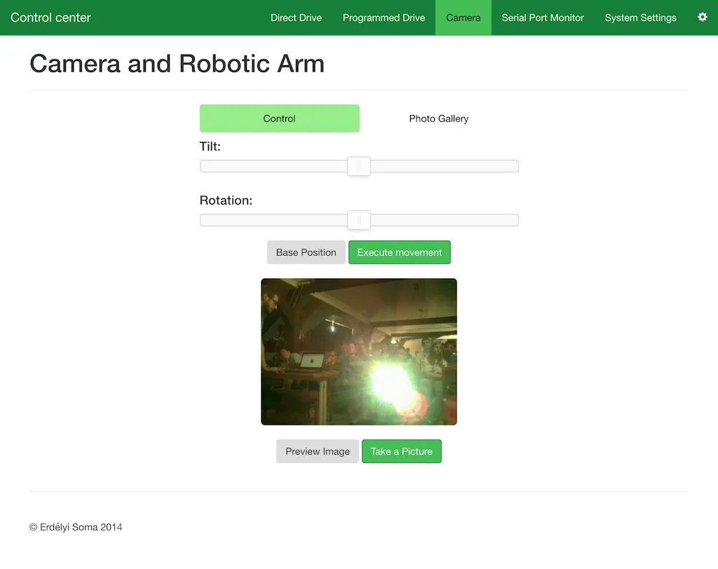 Robot arm and camera control page with gallery