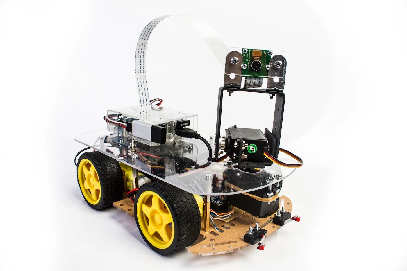 Studio photo of the robot from a sideways top down angle
